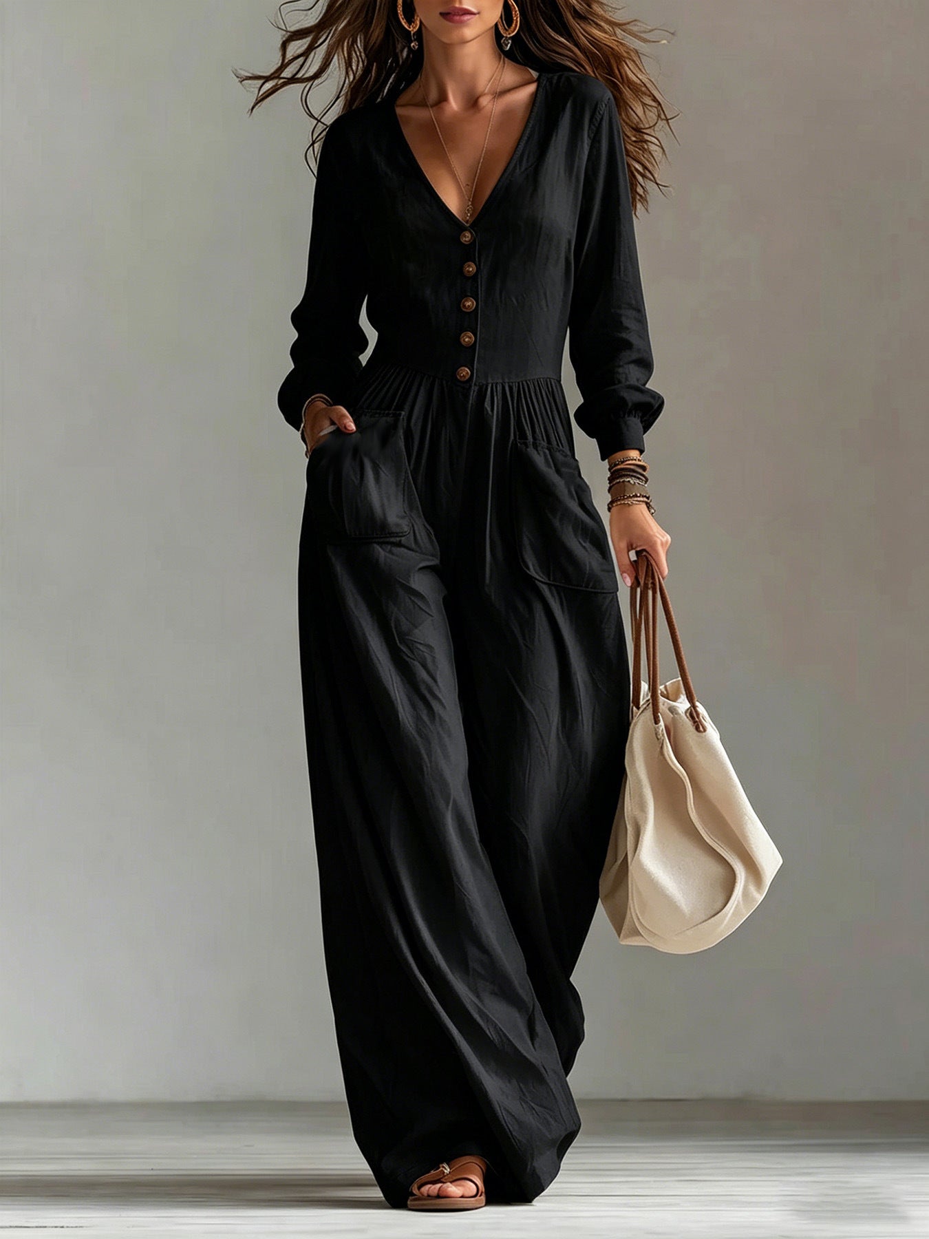 Women's V-Neck Wide Leg Jumpsuit Long Sleeve Pockets