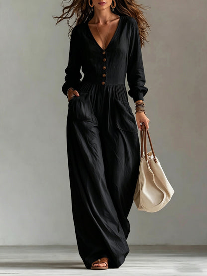 Women's V-Neck Wide Leg Jumpsuit Long Sleeve Pockets