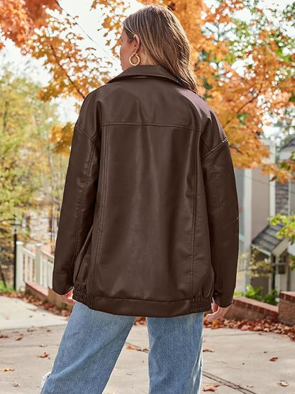 Women's Oversized Faux Leather Moto Jacket Zip Up