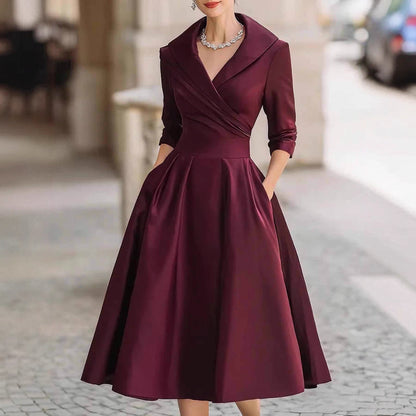 Elegant Satin Long Sleeve Belted A-Line Midi Dress Pockets