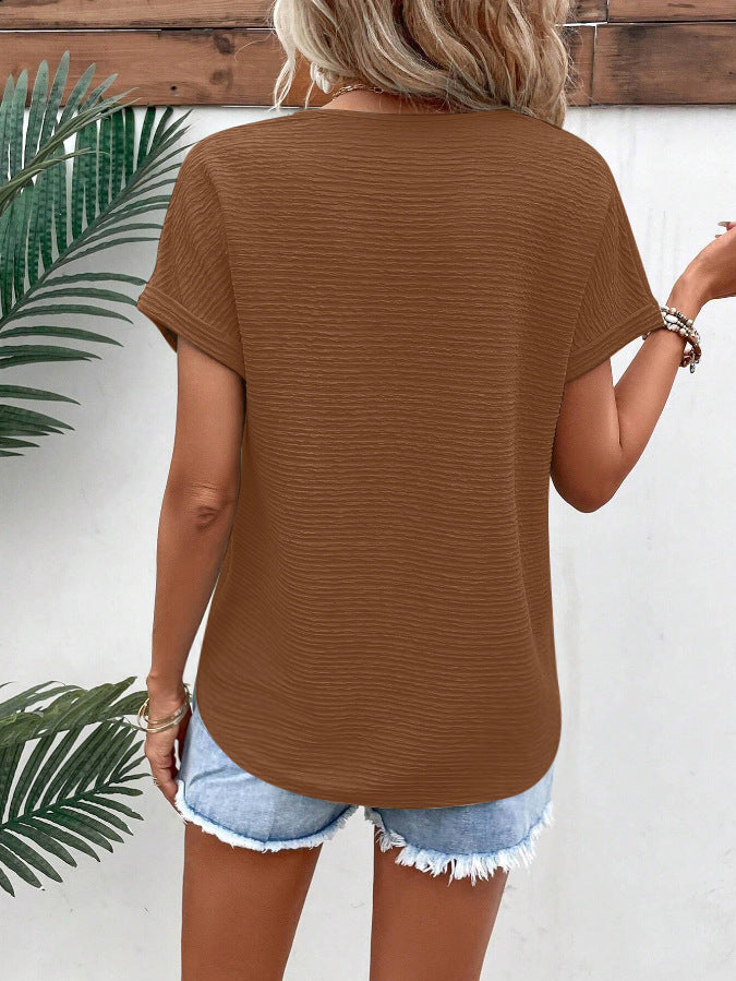 Textured V Neck Short Sleeve Top for Summer Women