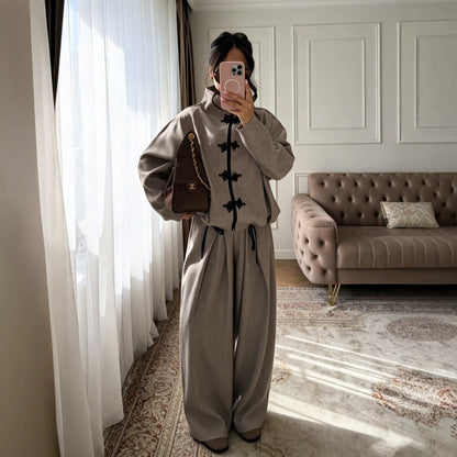 Chinese Frog Button Two Piece Set Wide Leg Pants