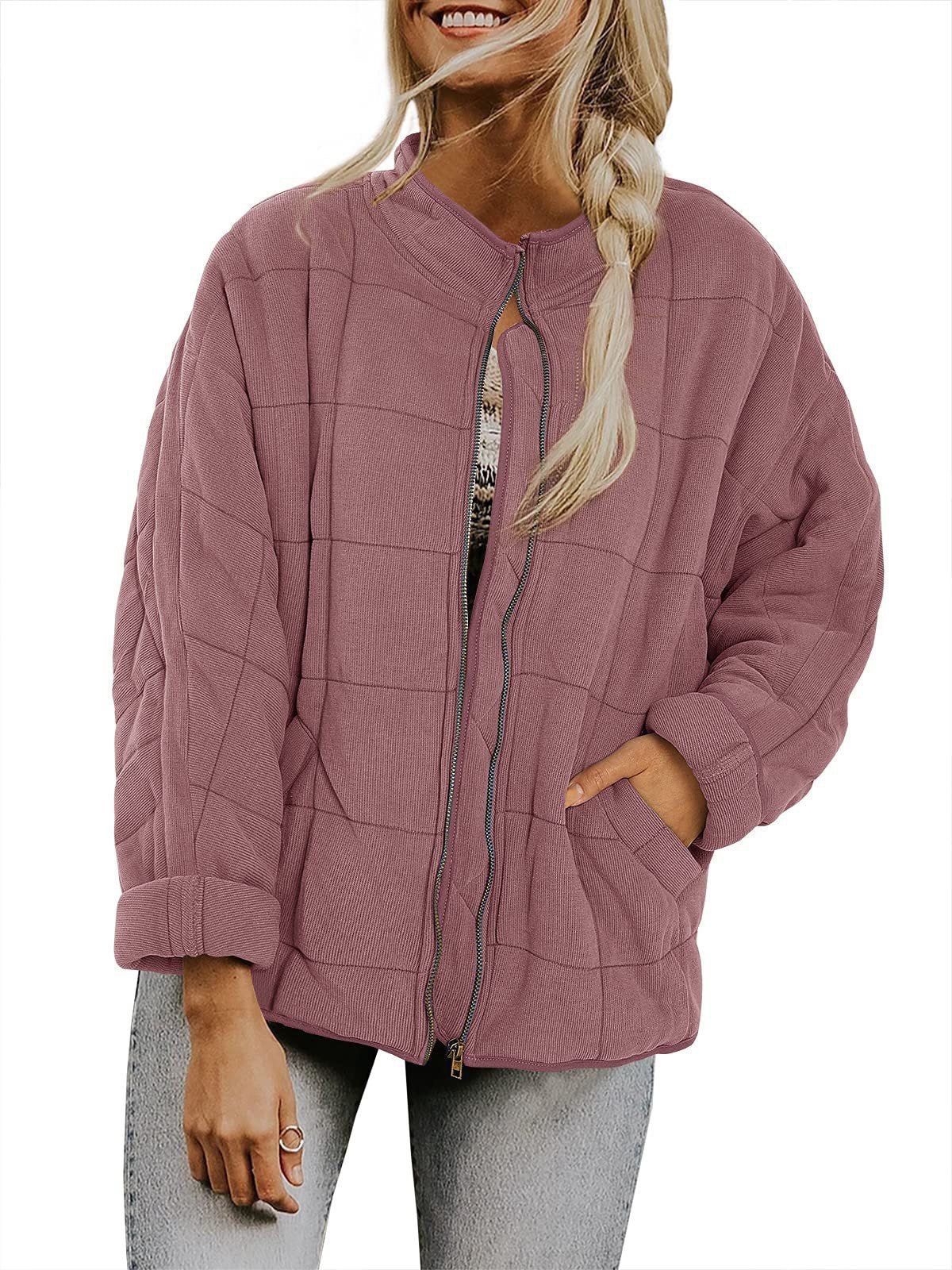 Womens Oversized Quilted Jacket Zip Up Stand Collar