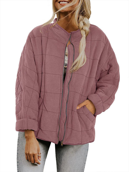 Womens Oversized Quilted Jacket Zip Up Stand Collar