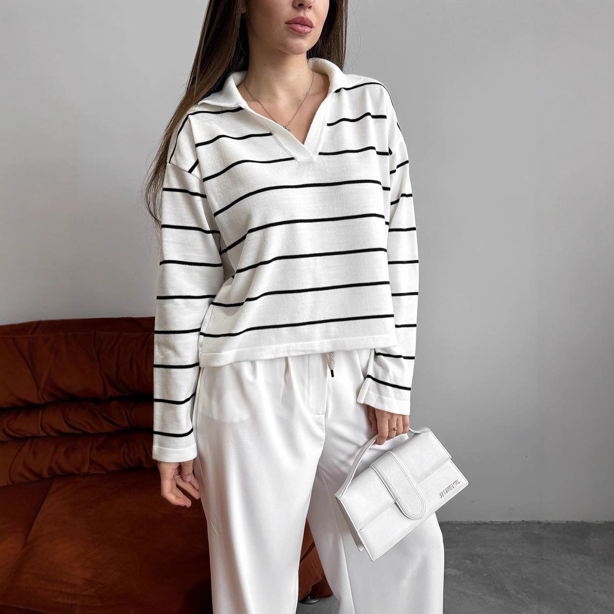 Women's Oversized Striped V-Neck Knit Sweater