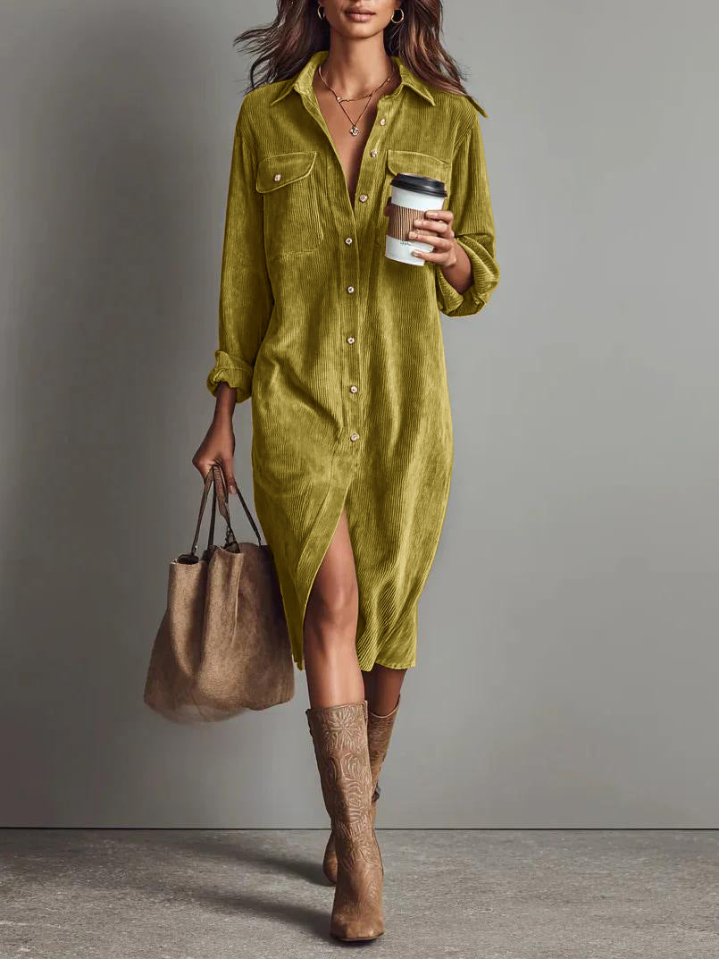 Women's Corduroy Shirt Dress Long Sleeve Button Down Midi