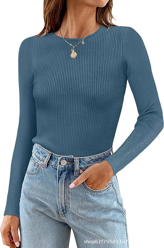 Women's Basic Ribbed Crew Neck Long Sleeve Knit Top