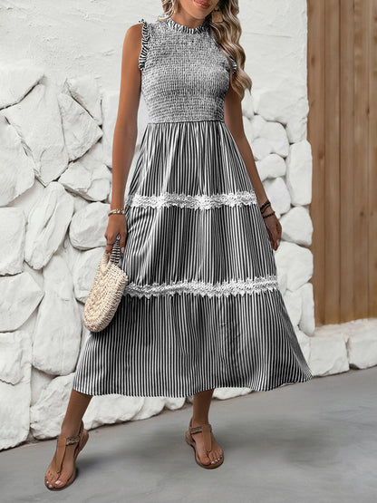 Sleeveless Striped Lace Midi Dress Ruffled A-Line Summer