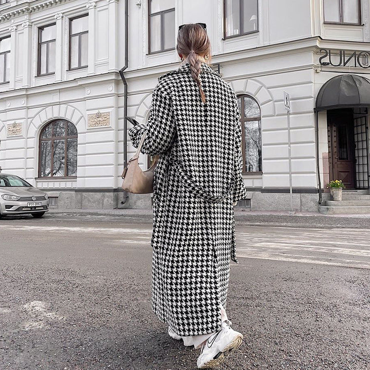 Women's Houndstooth Maxi Winter Coat Double Breasted Belted