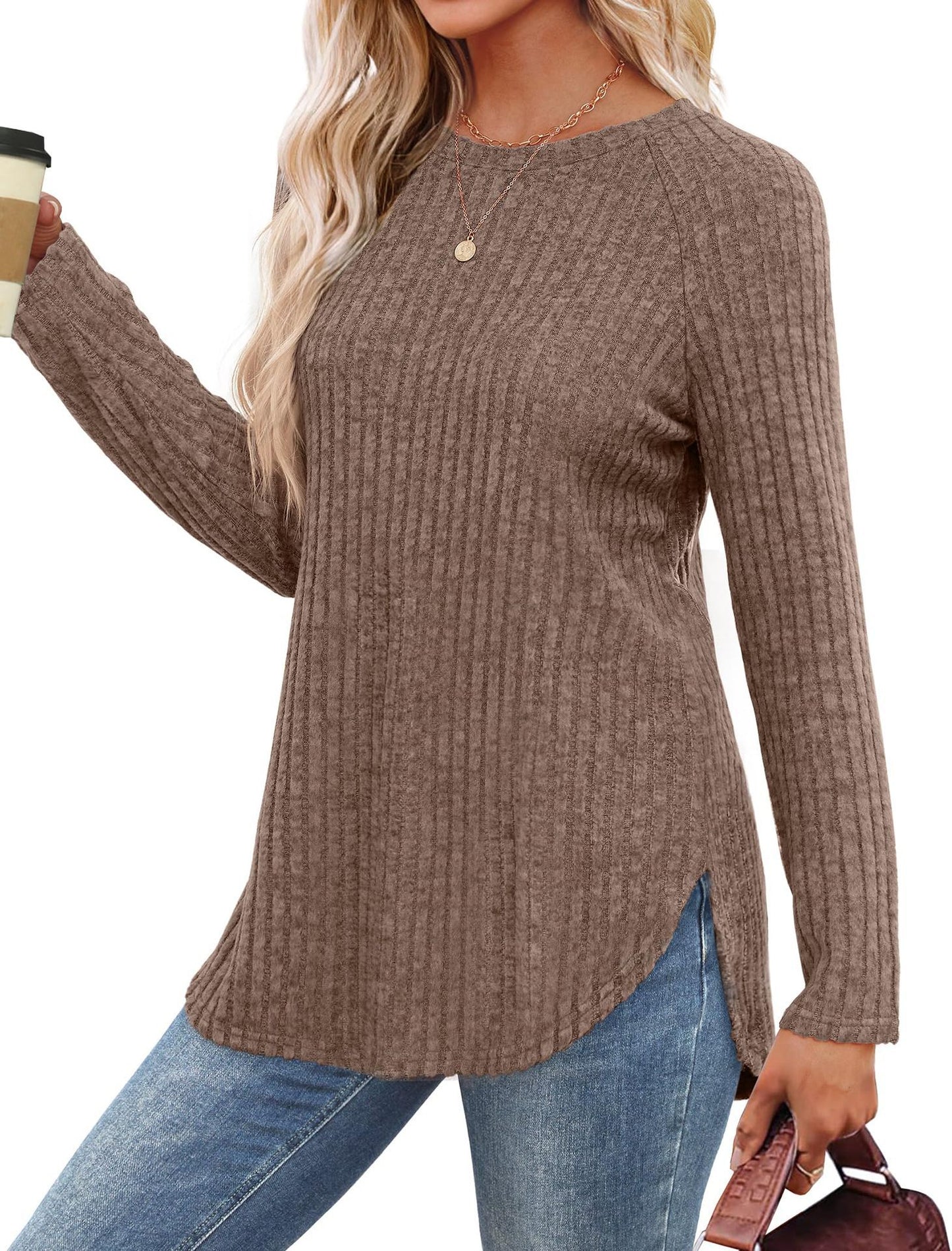 Women's Ribbed Brushed Long Sleeve Crew Neck Curved Hem Top