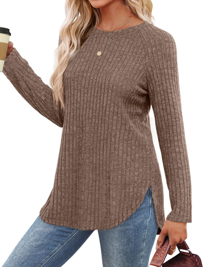 Women's Ribbed Brushed Long Sleeve Crew Neck Curved Hem Top