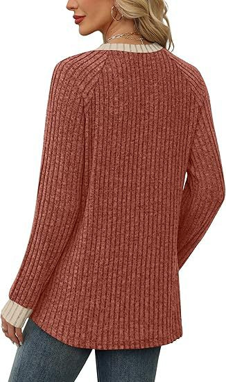 Women's Soft Ribbed Contrast Trim Long Sleeve Crew Neck Top