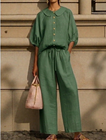 Women's Puff Sleeve Collared Shirt Wide Leg Pants Set