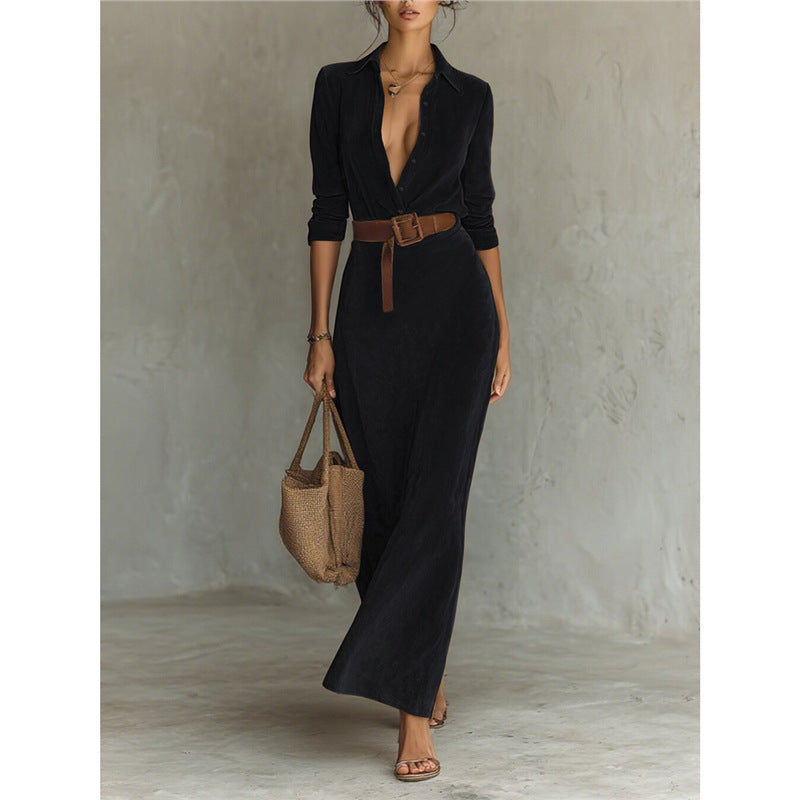 Faux Suede Belted Maxi Shirt Dress Long Sleeve