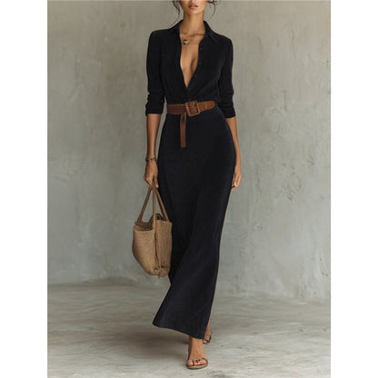 Faux Suede Belted Maxi Shirt Dress Long Sleeve