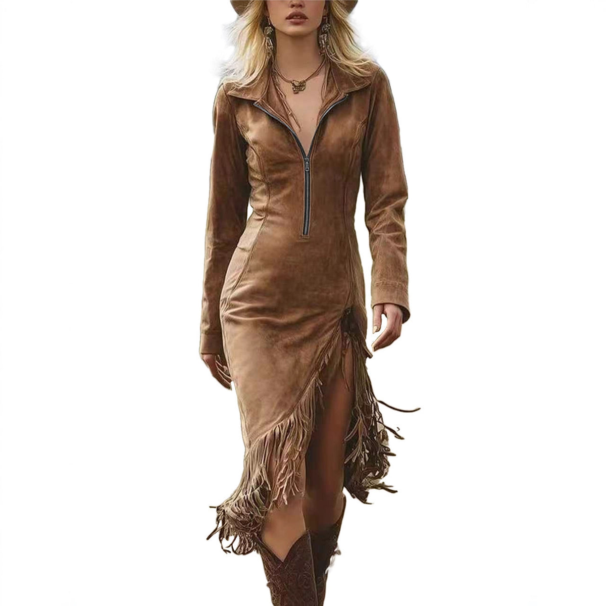 Western Cowgirl Fringe Suede Bodycon Midi Dress