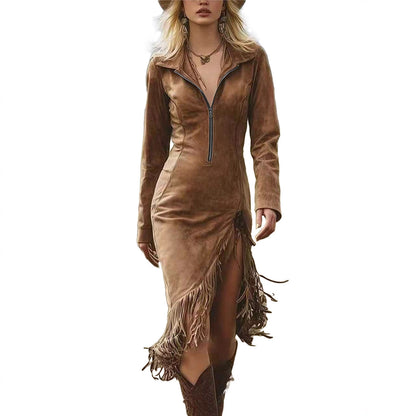 Western Cowgirl Fringe Suede Bodycon Midi Dress