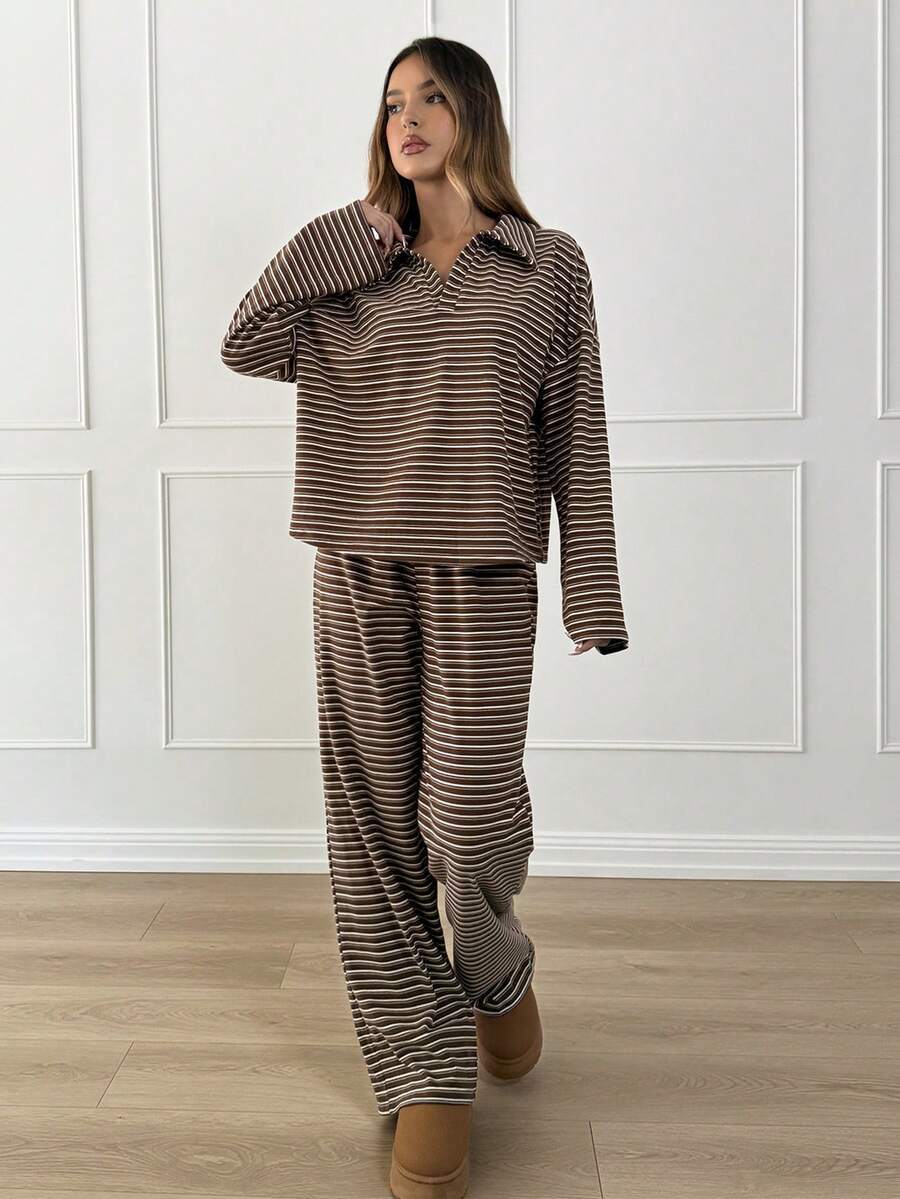 Striped Lounge Set Women Collared Pullover Wide Leg Pants