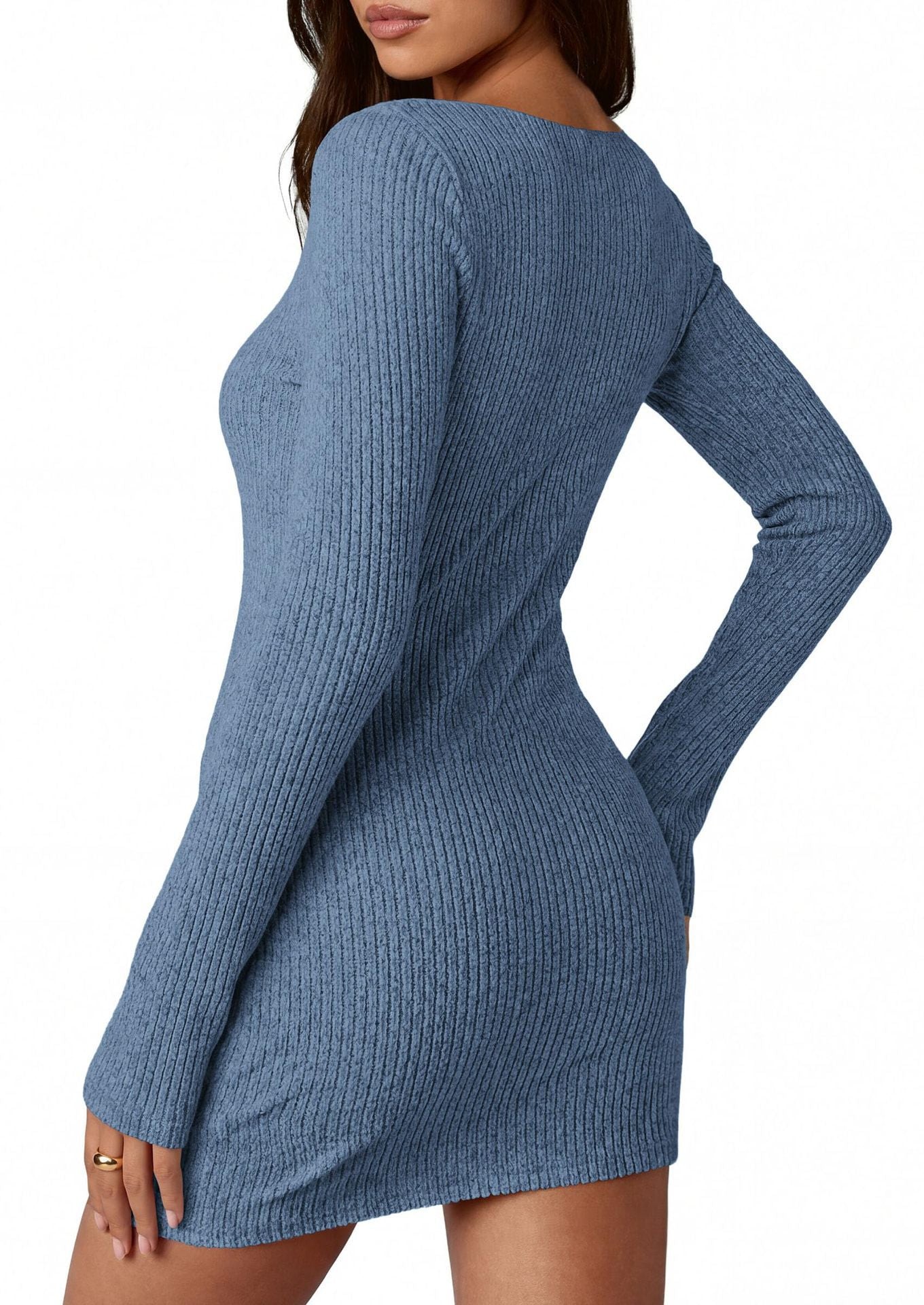 Solid ribbed knit bodycon mini dress bell sleeve