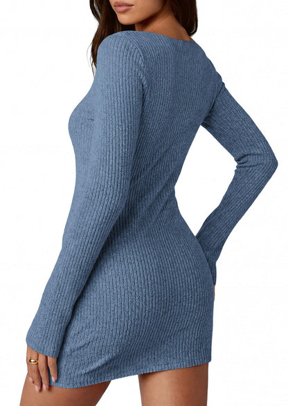 Solid ribbed knit bodycon mini dress bell sleeve