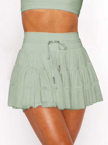 Solid Pleated Skort High Waist Ruffle Tiered Mini