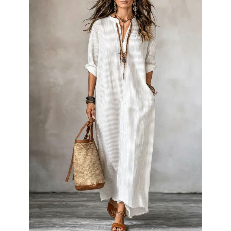 Women's Striped V-Neck Maxi Dress Casual Loose Pockets