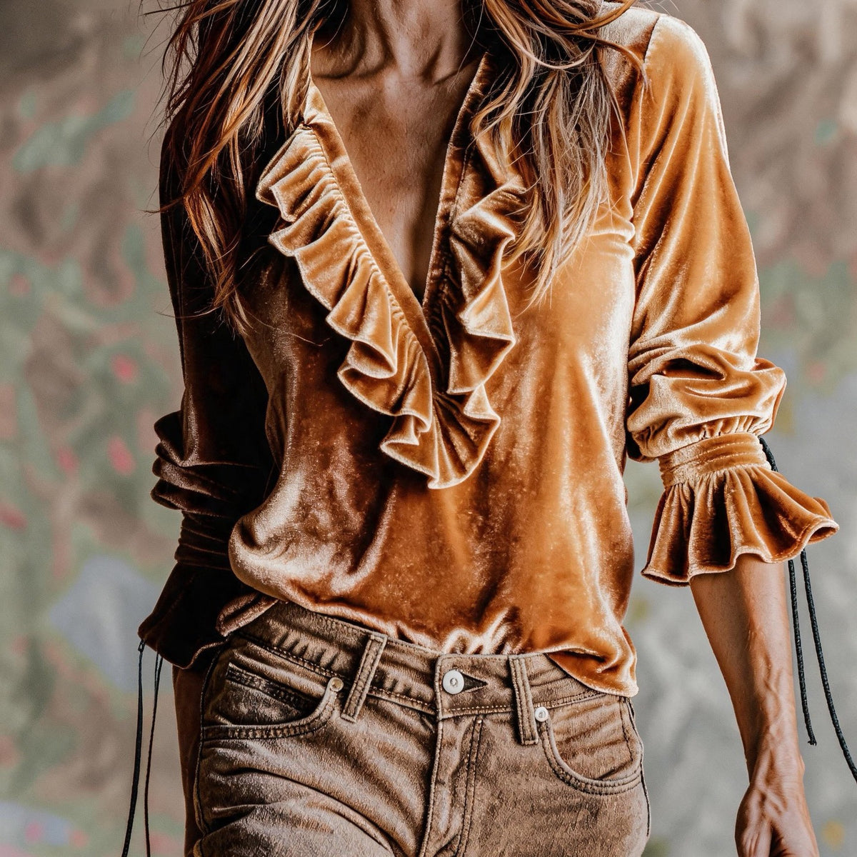 Velvet Ruffle V-Neck Boho Blouse Top