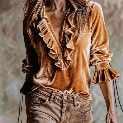 Velvet Ruffle V-Neck Boho Blouse Top