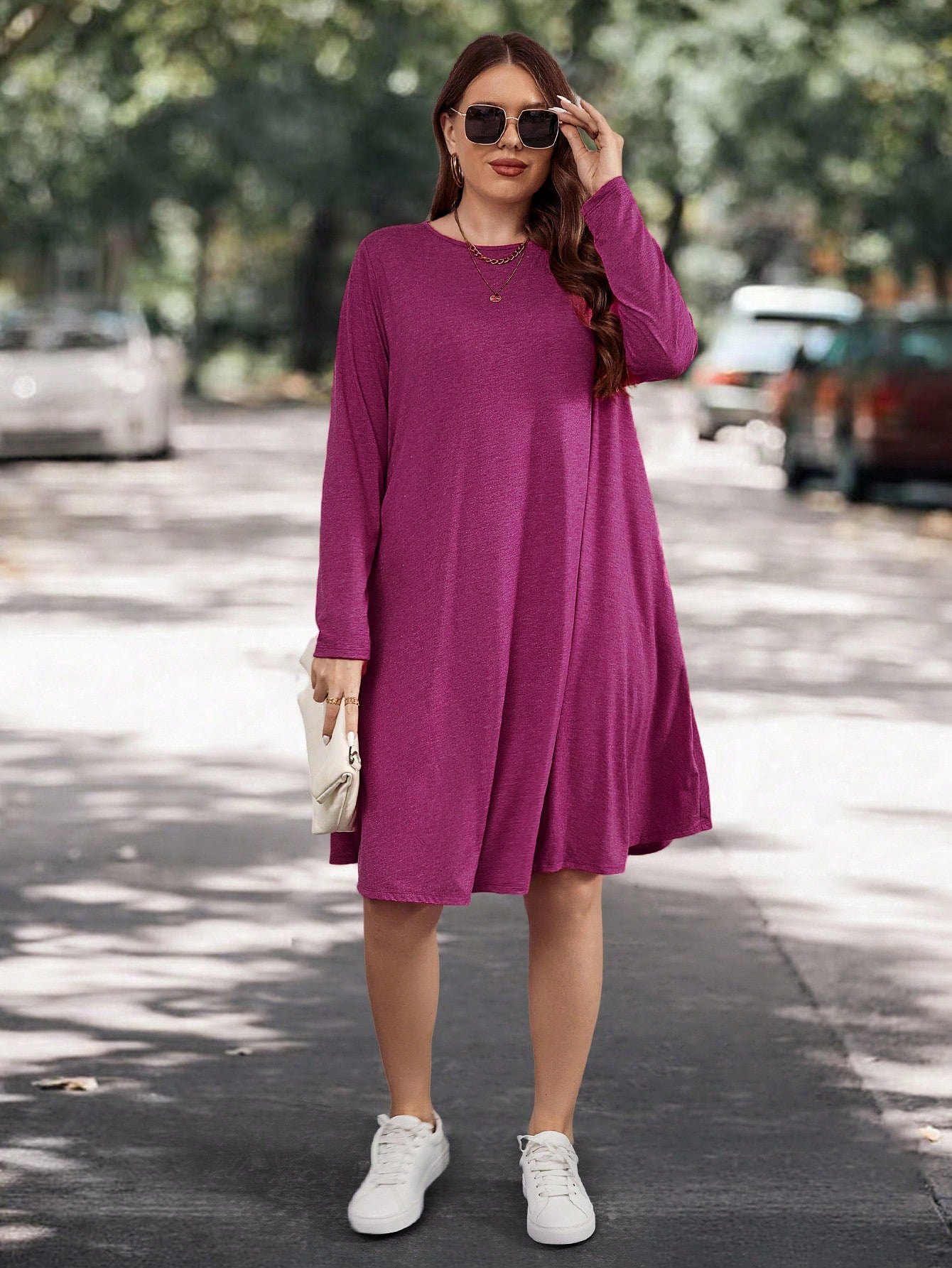 Women's  Autumn and Winter Long Sleeve Round Neck Loose Casual Solid Color Pocket Dresses