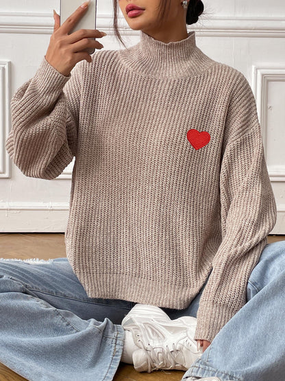 Love Embroidery Sticker Women's Semi-turtleneck Pullover Sweater