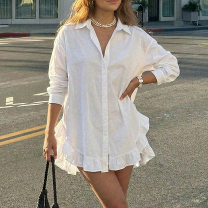 Ruffle Hem Button Down Shirt Dress Long Sleeve Mini