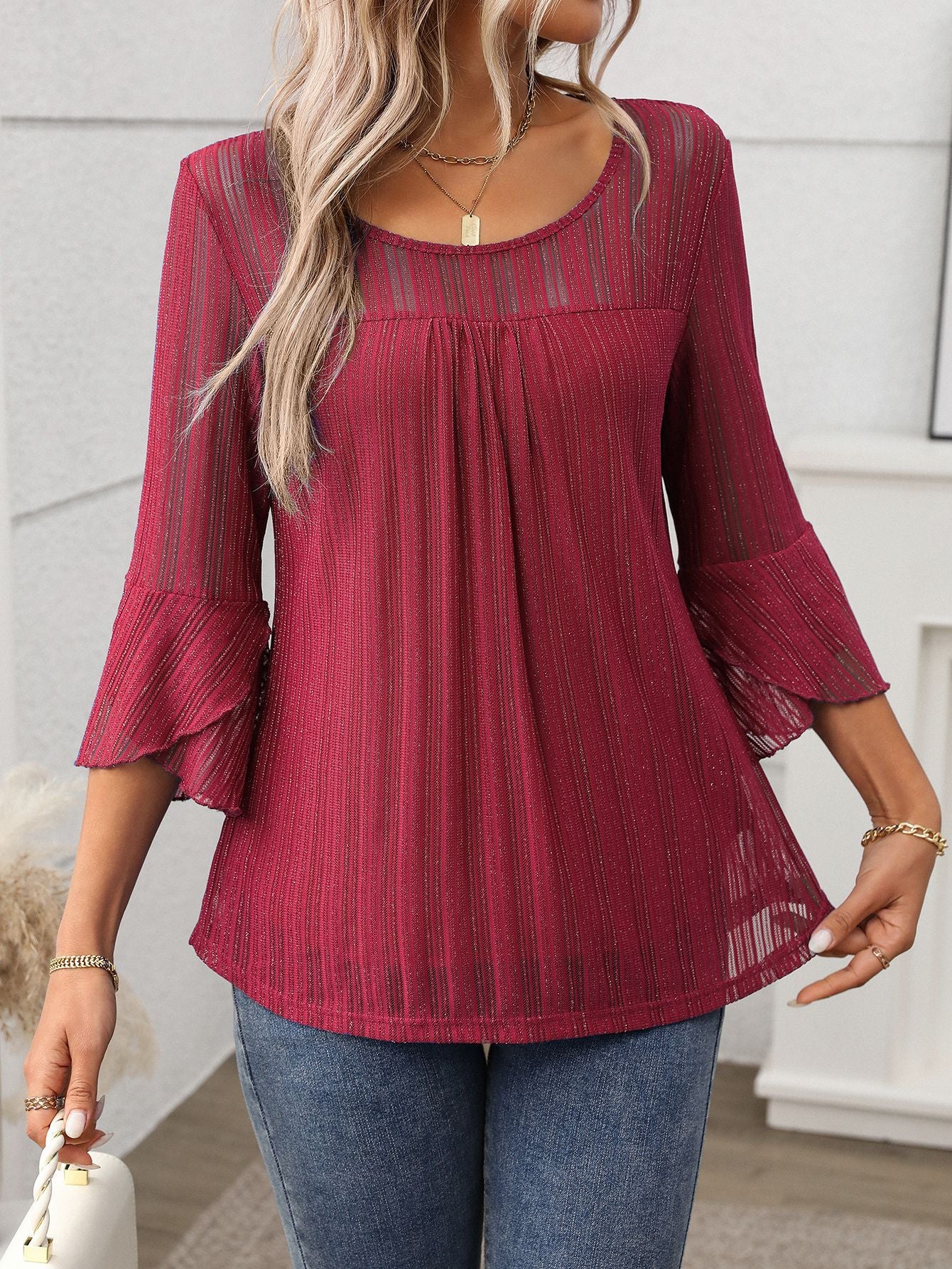 Elegant Round Neck Lotus Leaf Sleeve Mesh Top