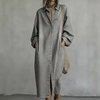 Oversized Denim Shirt Dress Button Front Midi