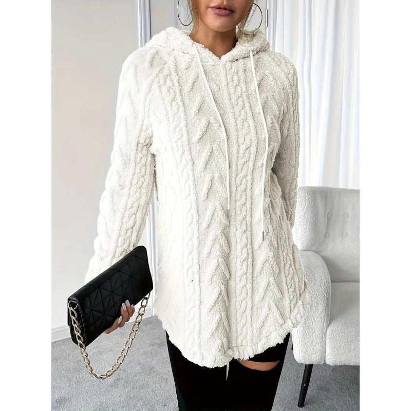 Women's Fuzzy Cable Knit Hoodie Drawstring Tunic Top