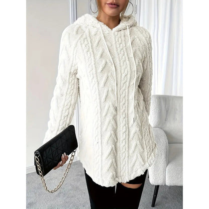 Women's Fuzzy Cable Knit Hoodie Drawstring Tunic Top