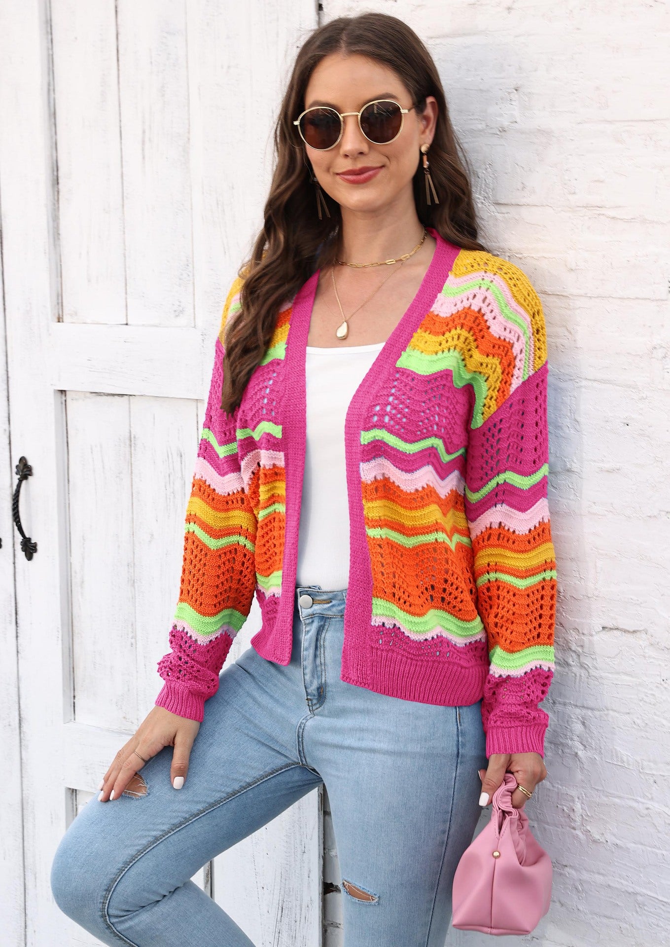 Women's Rainbow Patchwork Striped Sweater Jacket