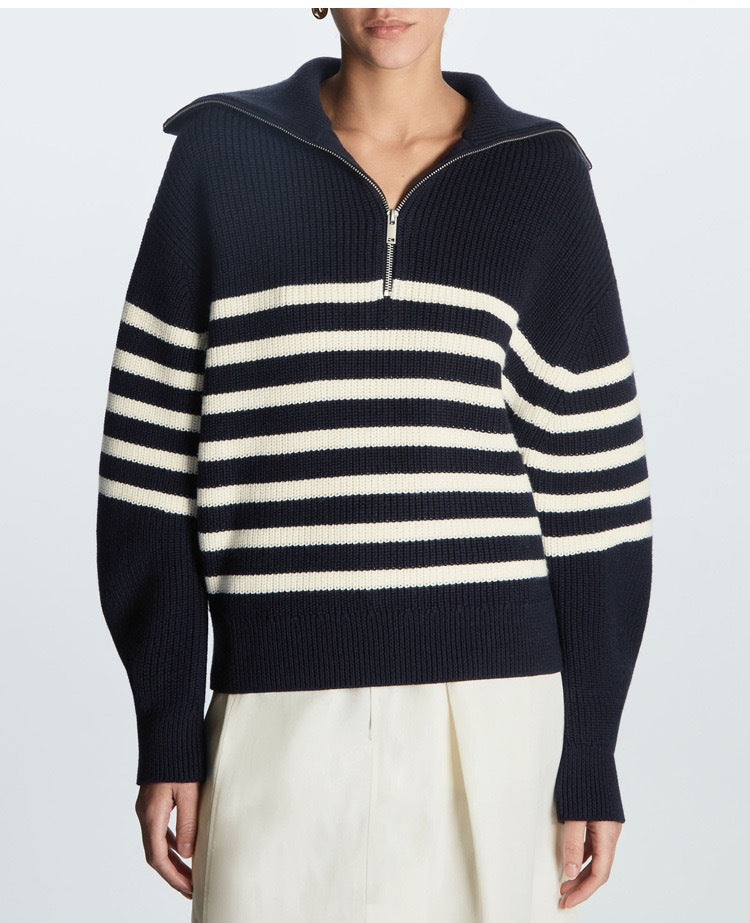 Women's Striped Half Zip Oversized Collared Sweater