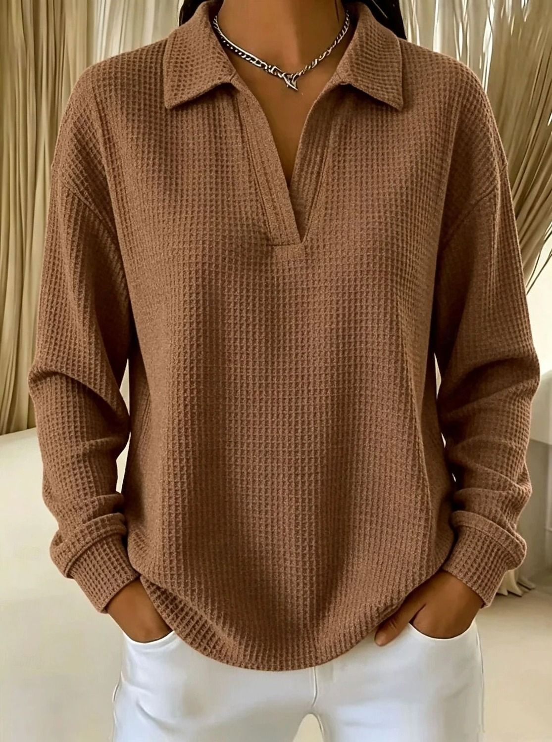Waffle Knit Collared V Neck Long Sleeve Oversized Tunic Top