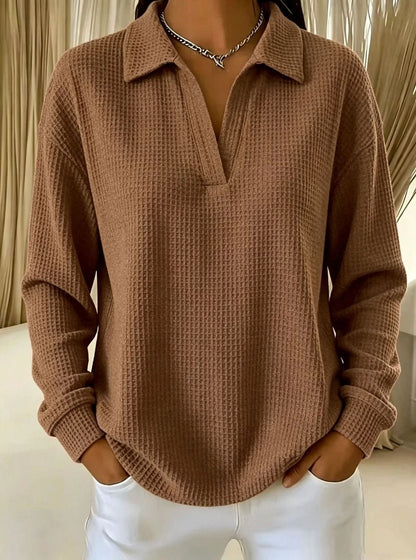 Waffle Knit Collared V Neck Long Sleeve Oversized Tunic Top