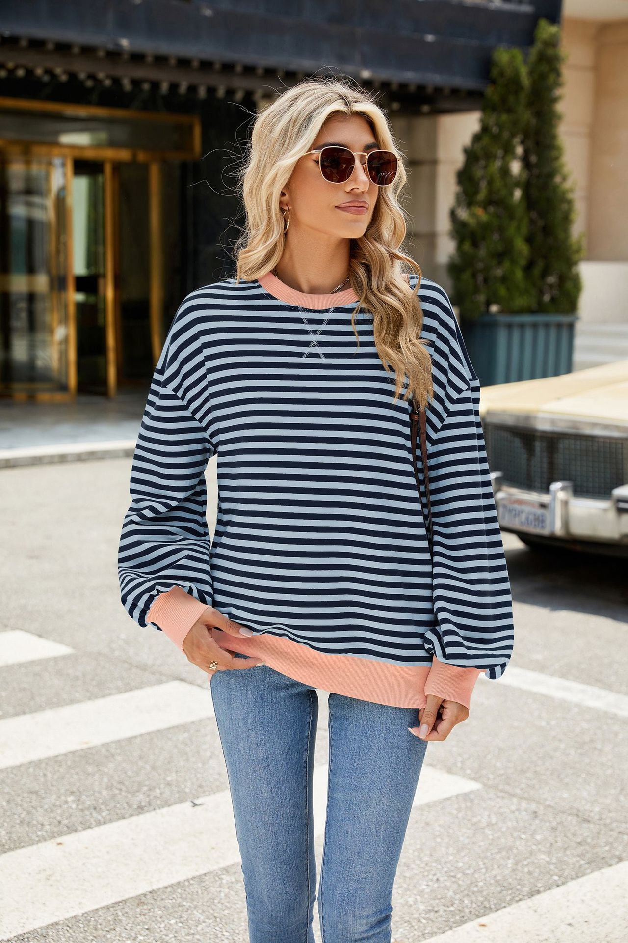 Striped Color Block Crew Neck Loose Fit Long Sleeve Sweatshirt