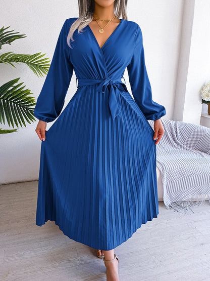 V-Neck Wrap Pleated Maxi Dress Long Sleeve Tie Waist