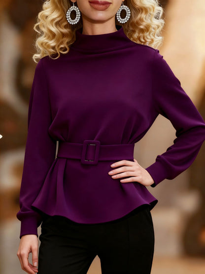 Women's Belted Fleece Peplum Mock Neck Pullover