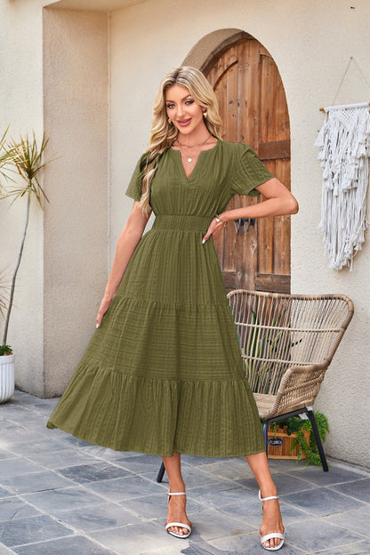 Solid Cotton Maxi Dress V Neck Puff Sleeve Smocked Dress