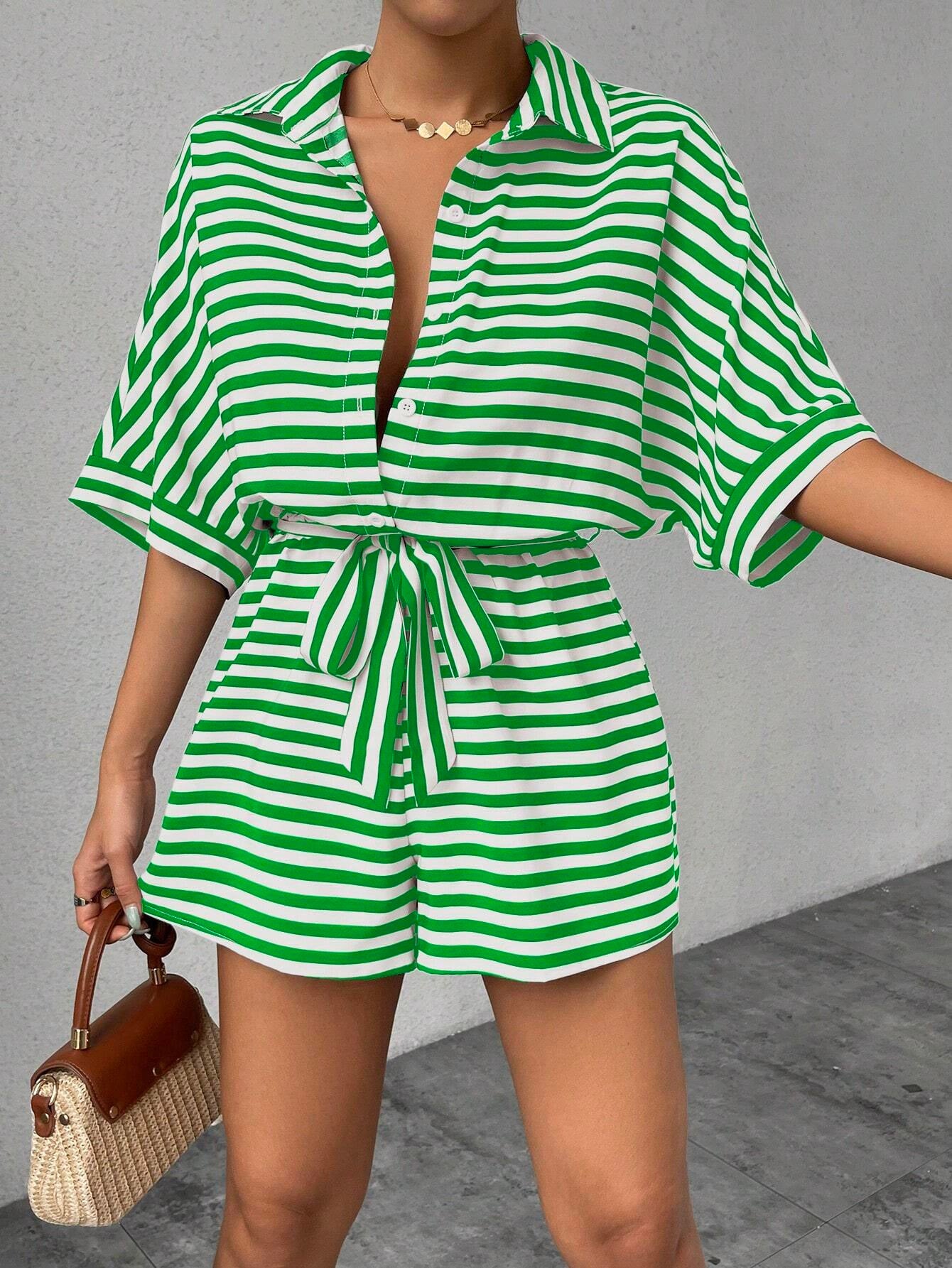 Striped Belted Button Down Romper with Half Sleeves