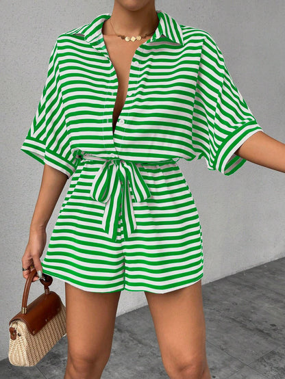 Striped Belted Button Down Romper with Half Sleeves
