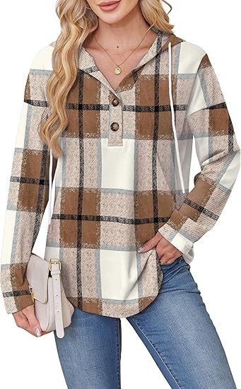 Women's Plaid Button Hoodie Long Sleeve Pullover