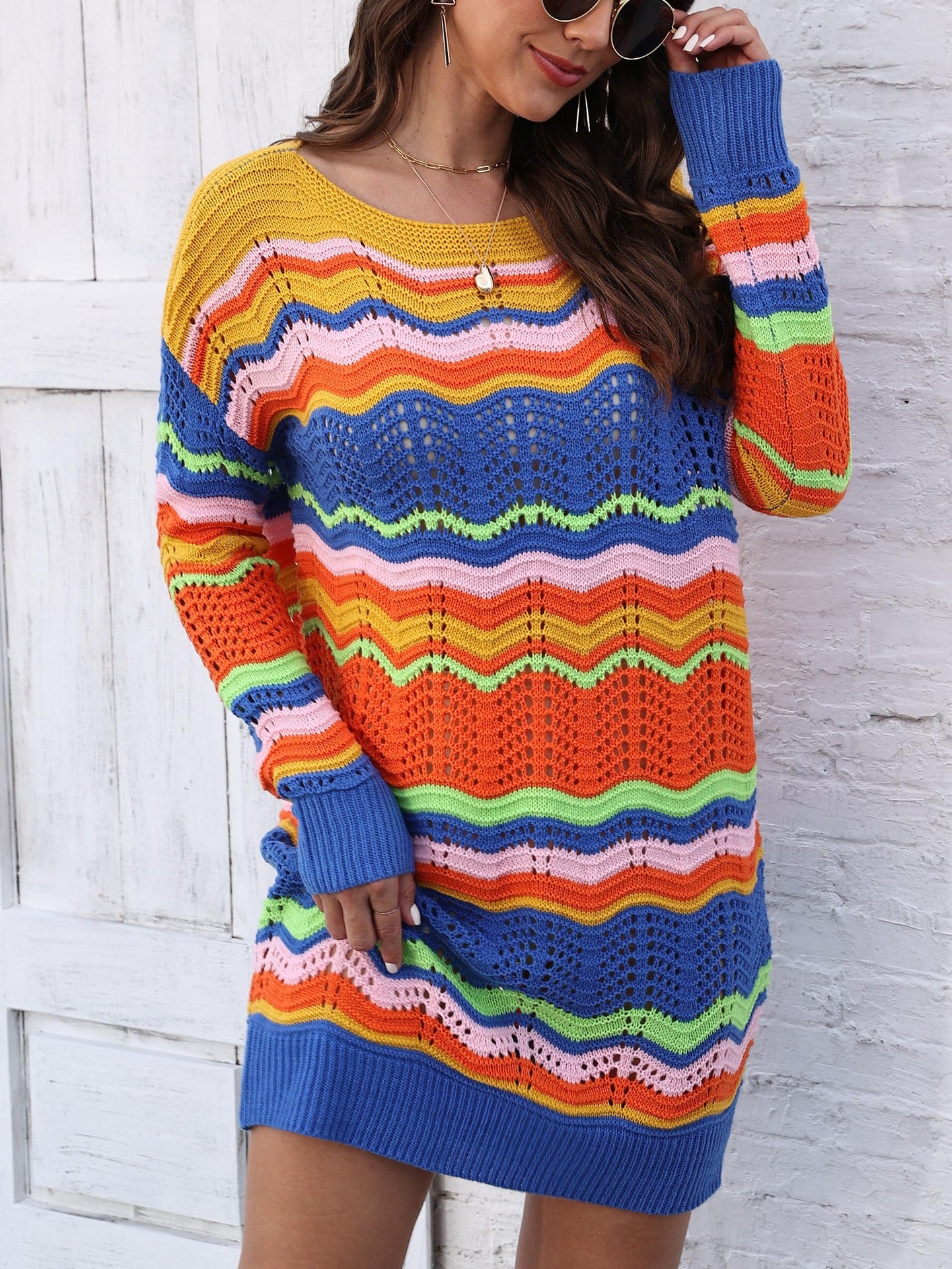 Women's Dress Rainbow Pattern Patchwork Striped Sweater Skirt