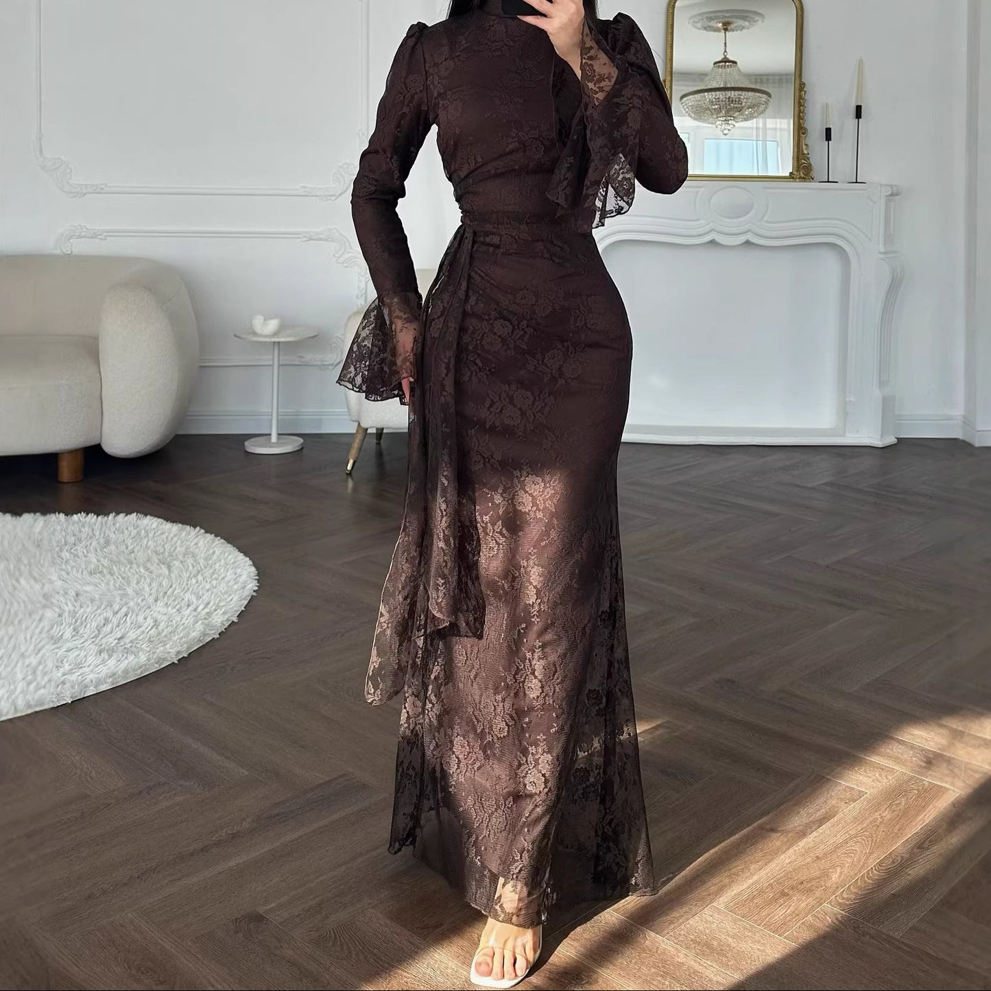 Lace Mock Neck Long Sleeve Bodycon Evening Maxi Dress