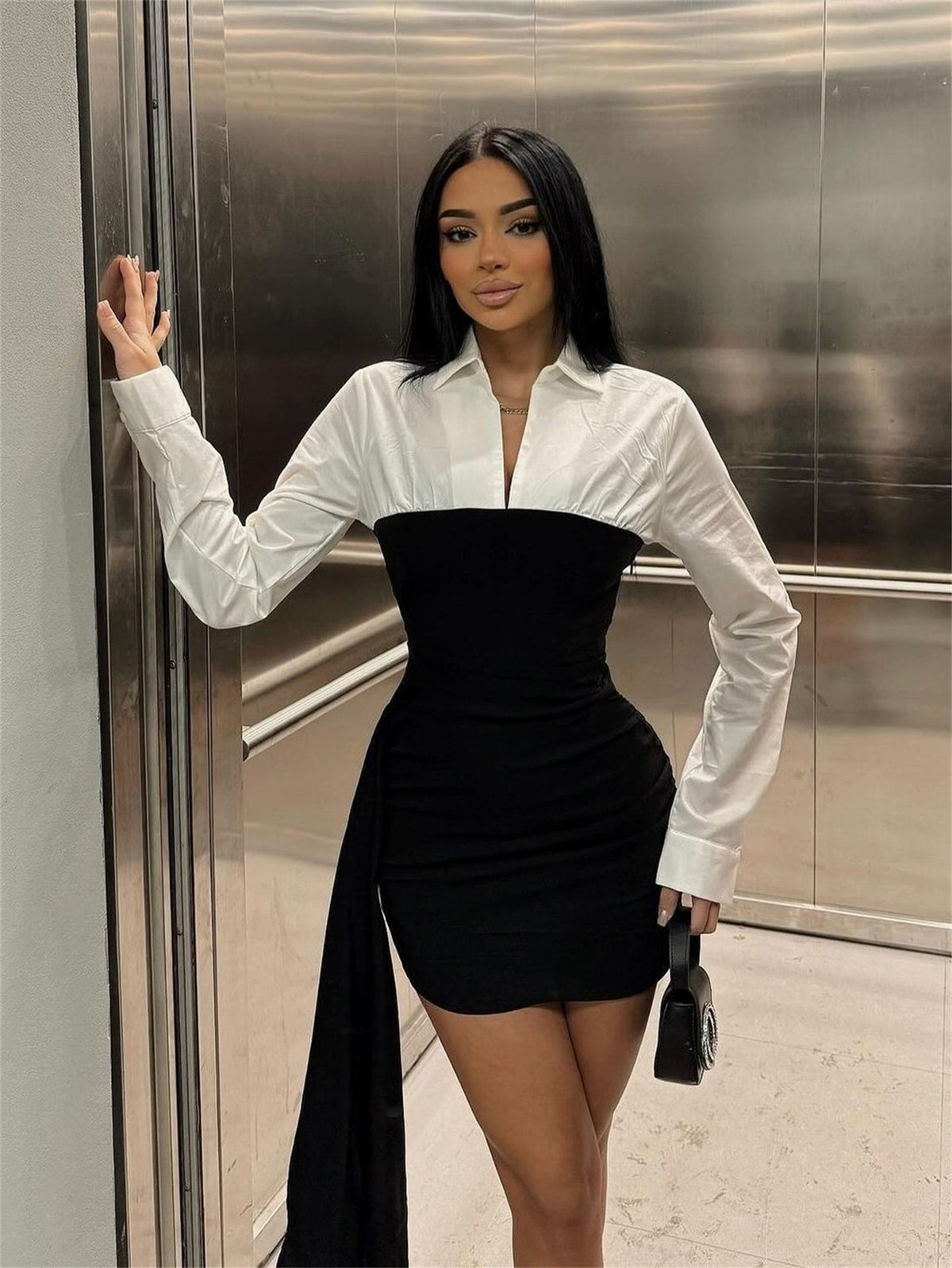 Color Block Collared Long Sleeve Bodycon Mini Dress Women