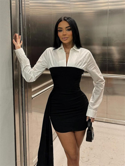 Color Block Collared Long Sleeve Bodycon Mini Dress Women